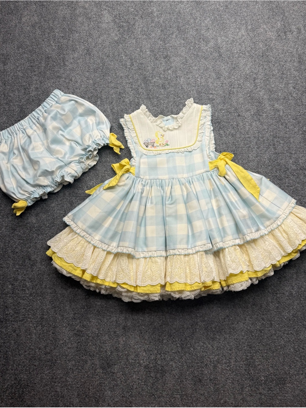Easter Duck Blue & Yellow Gingham Ruffle Kids Size 4 Dress with Bloomers